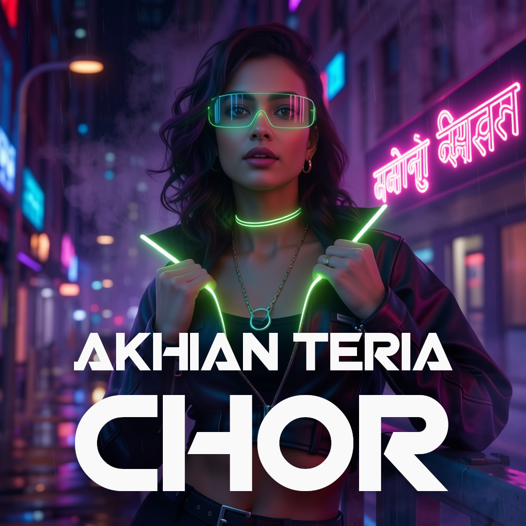 Akhian Teria Chor single cover — neon cyberpunk portrait