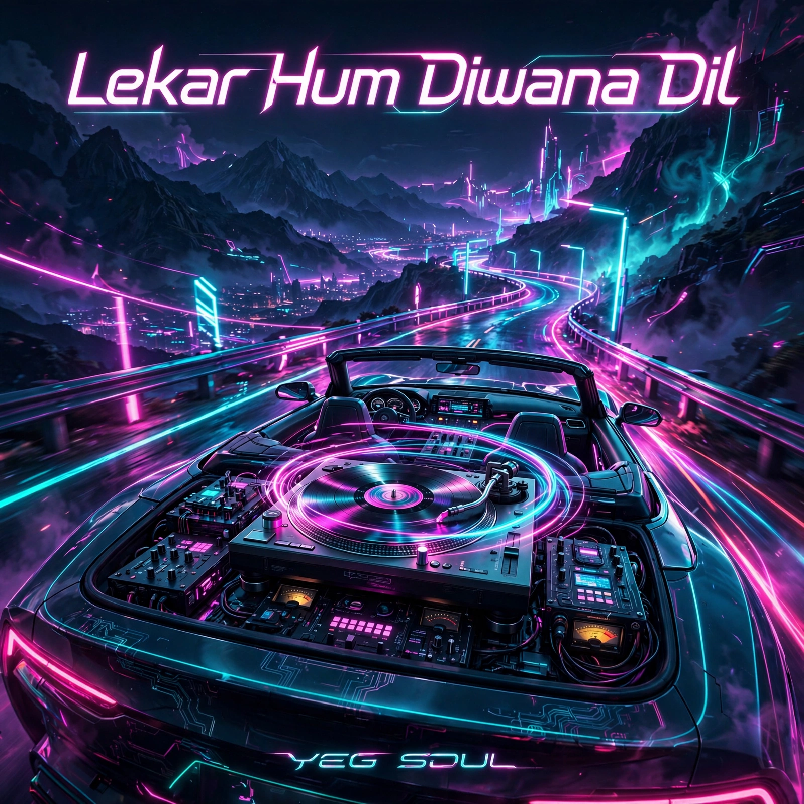 Lekar Hum Diwana Dil cover — a convertible on a neon mountain highway with a DJ turntable rig built into the back, in pink and teal cyberpunk neon