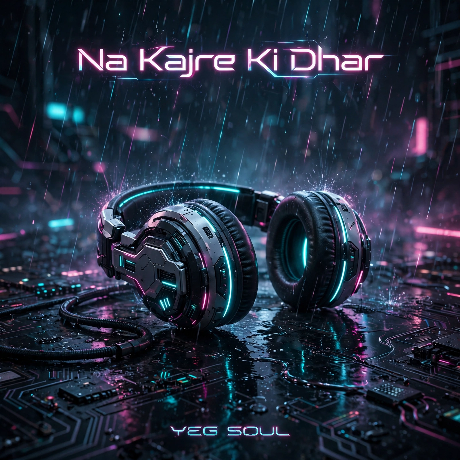 Na Kajre Ki Dhar cover — futuristic DJ headphones with glowing teal trim sitting in neon rain