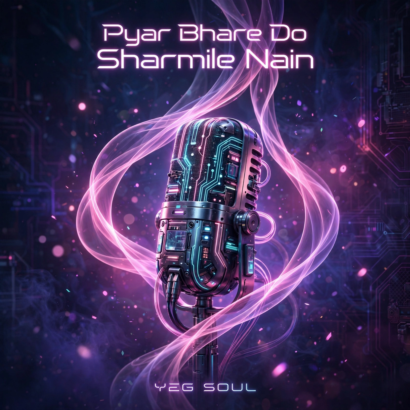 Pyar Bhare Do Sharmile Nain cover — a futuristic circuit-patterned studio microphone wrapped in swirling pink neon ribbons